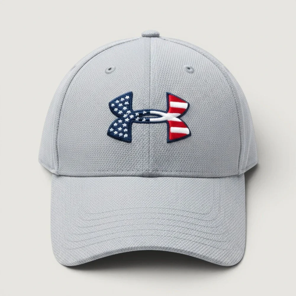 Under Armour UA Classic Fit Hat L/XL Gray Patriotic Flag Logo Stretch Cap Mens